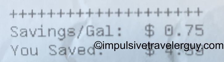 Gas receipt detail showing savings of $0.75 per gallon