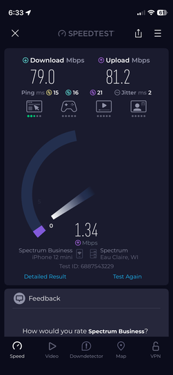 Speedtest mobile app screenshot showing download speed of 79.0 Mbps, upload speed of 81.2 Mbps, ping of 15ms, jitter of 2ms on Spectrum Business connection in Eau Claire, WI