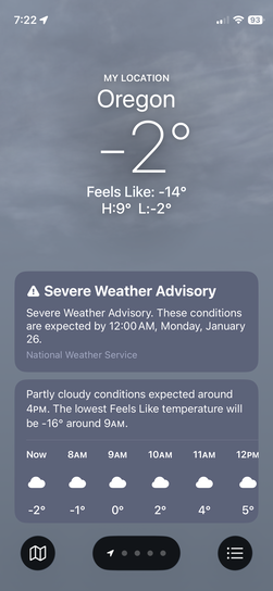 iPhone Weather app screenshot for Oregon, Wisconsin showing -2°F with feels-like temperature of -14°F. Severe Weather Advisory continues until Monday, January 26 at midnight, with forecast showing temperatures from -2°F to 5°F and cloudy conditions expected.