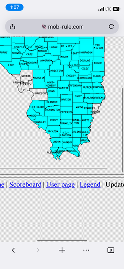 iPhone screenshot of mob-rule.com showing the southern half of an Illinois county map with visited counties highlighted in cyan.