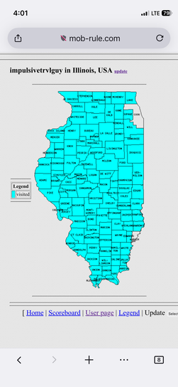 iPhone screenshot of mob-rule.com showing the full Illinois county map for impulsivetrvlguy with nearly every county highlighted in cyan as visited.