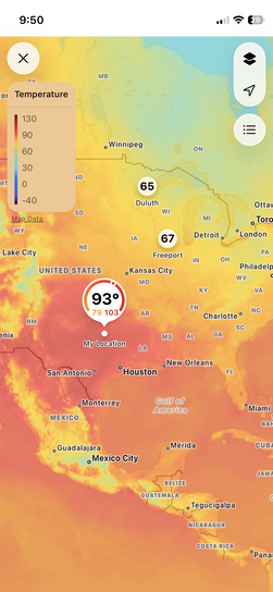 Smartphone weather map displaying a color-coded temperature gradient, showing extreme heat in Texas and cooler temperatures to the north.
