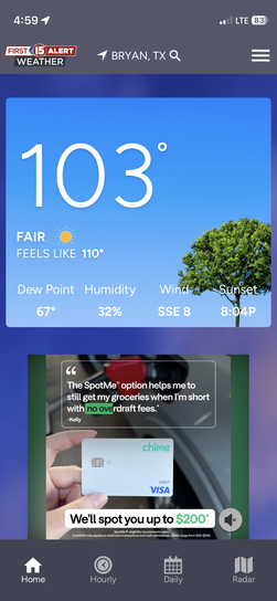 Smartphone weather app screenshot for Bryan, Texas, displaying a brutal temperature of 103 degrees with a heat index of 110.