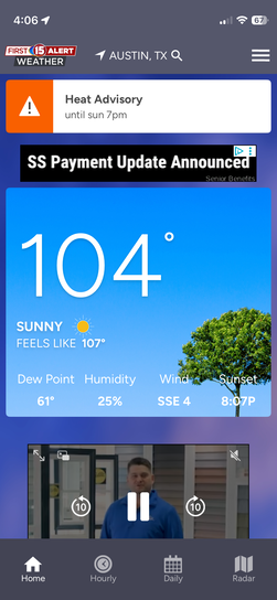 Smartphone weather app screenshot for Austin, Texas, displaying an active Heat Advisory and a temperature of 104 degrees.